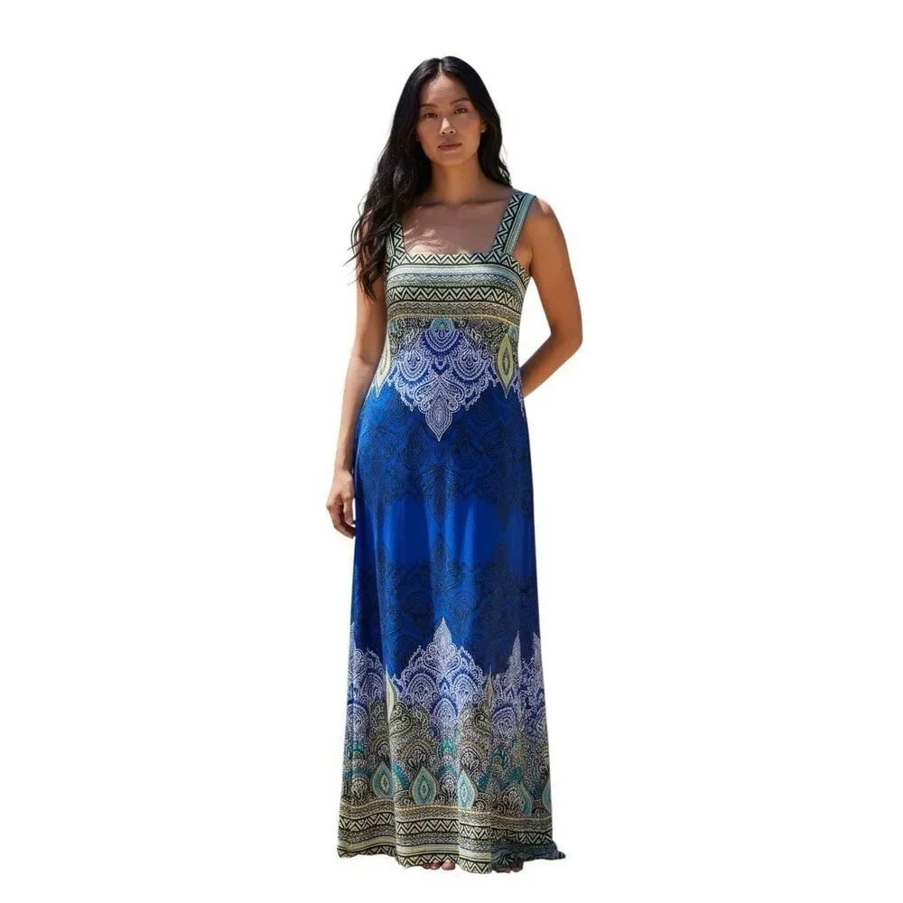 Dressbarn Blue Paisley Boho Chic Resort Beach Empire Waist Maxi Dress Sz 6